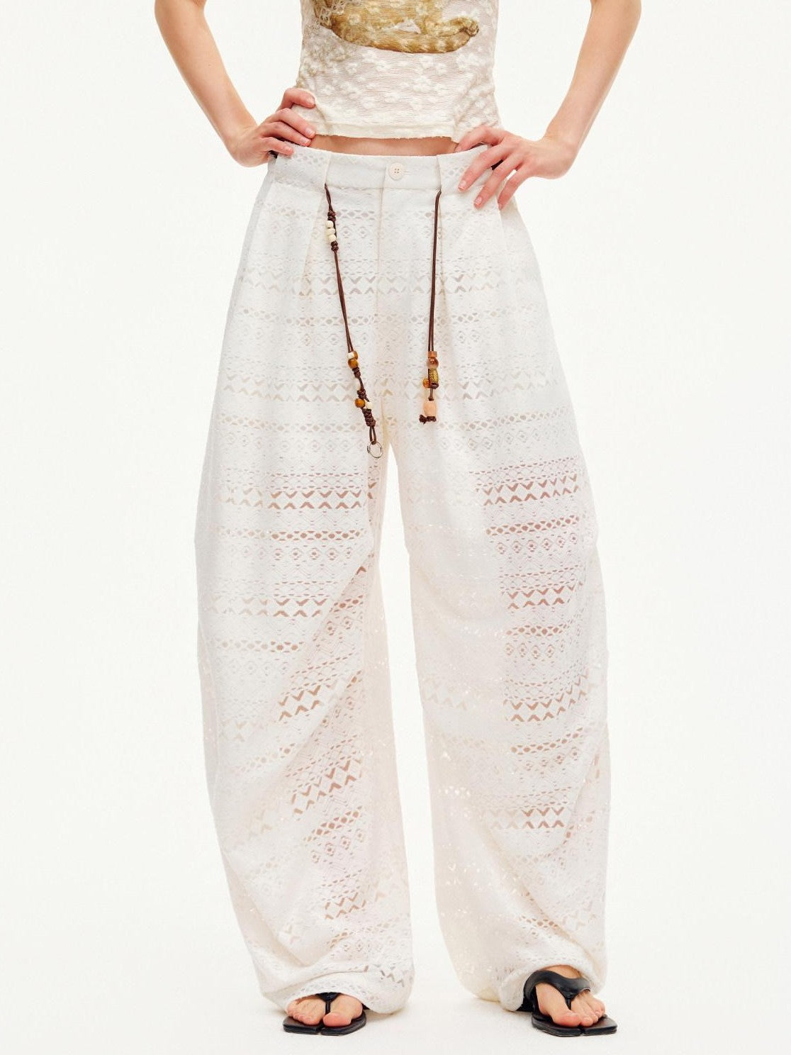OuttheBlue Pearl White Lace Cutout Panel Pleated Women&