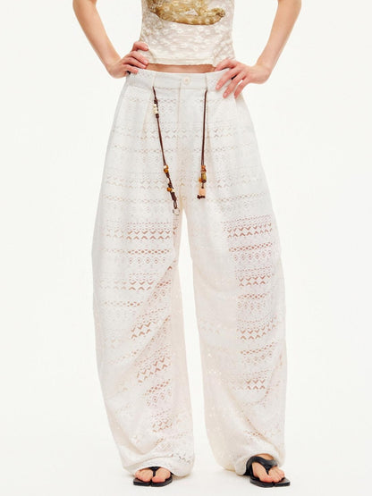 OuttheBlue Pearl White Lace Cutout Panel Pleated Women&