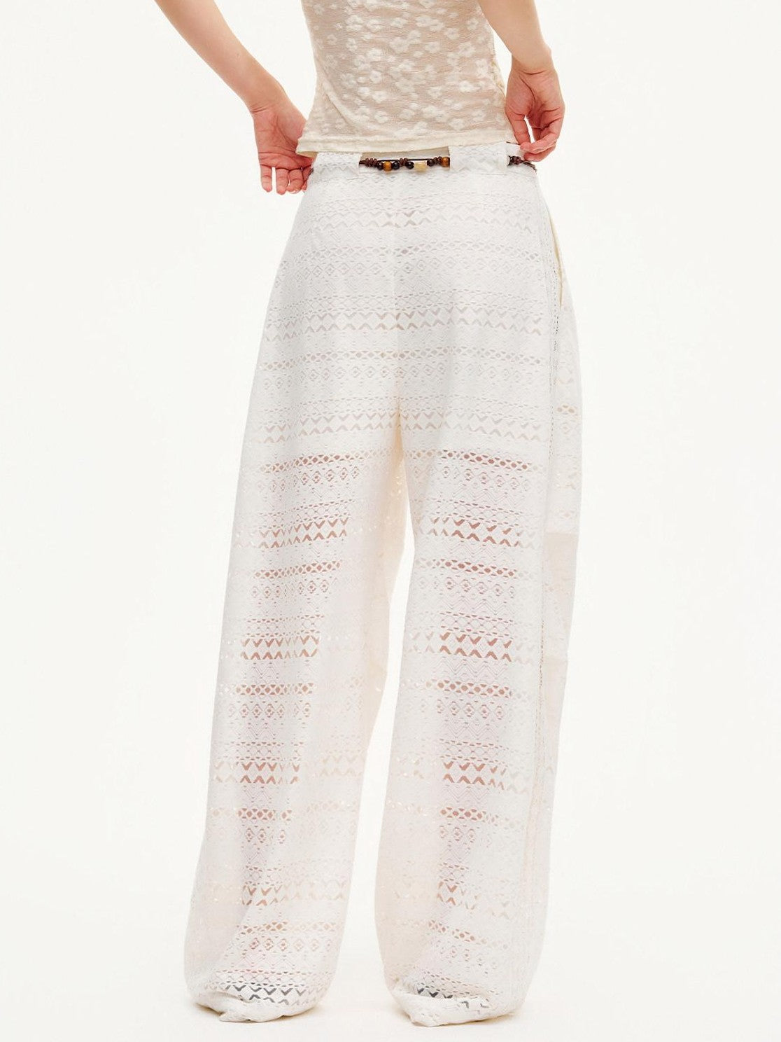 OuttheBlue Pearl White Lace Cutout Panel Pleated Women&