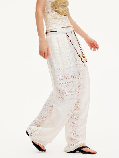 OuttheBlue Pearl White Lace Cutout Panel Pleated Women&