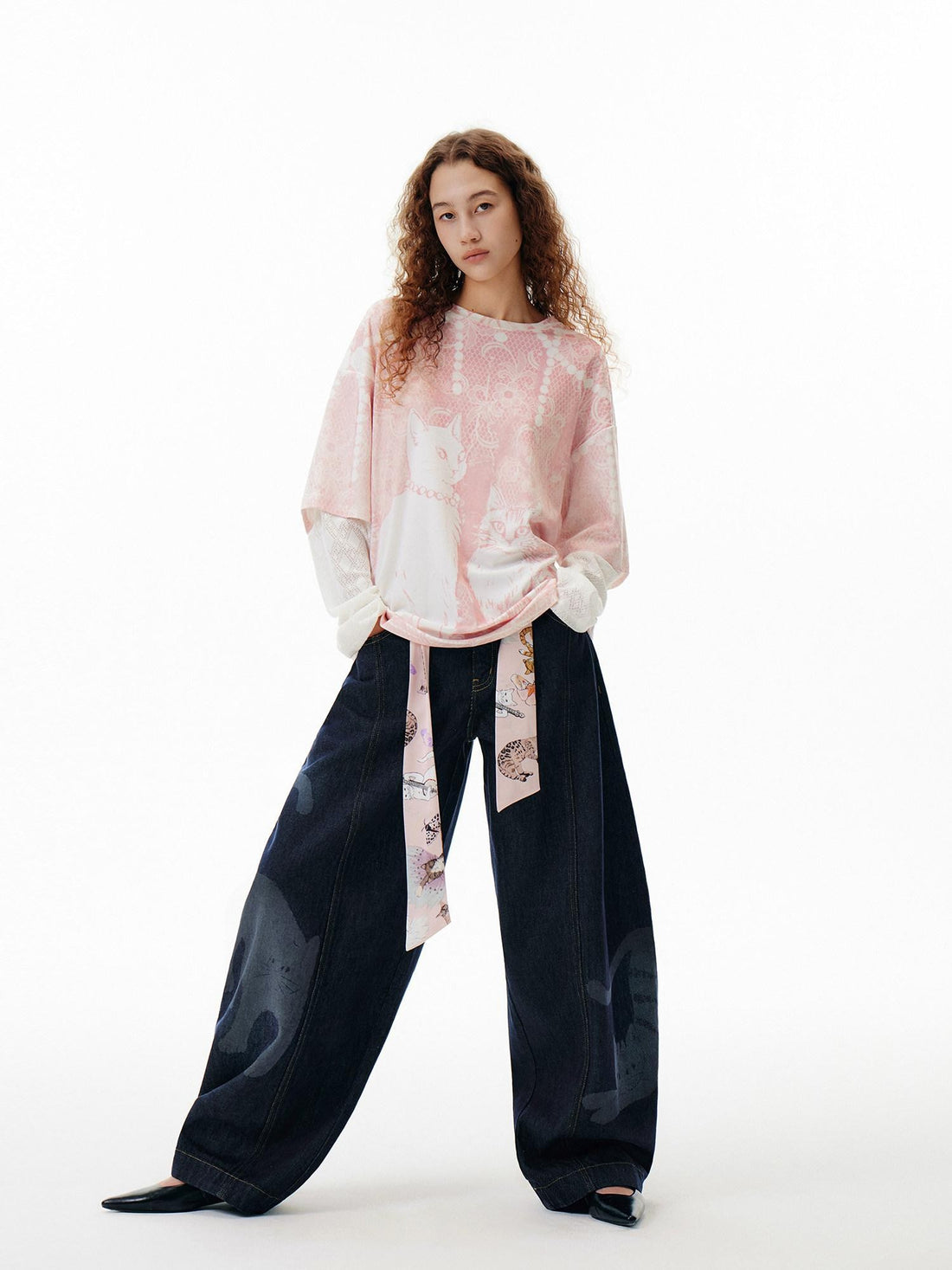 OuttheBlue Pink Pearl Cat Lace Print Faux Layered Women&