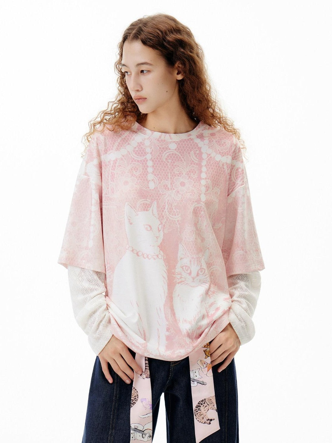 OuttheBlue Pink Pearl Cat Lace Print Faux Layered Women&