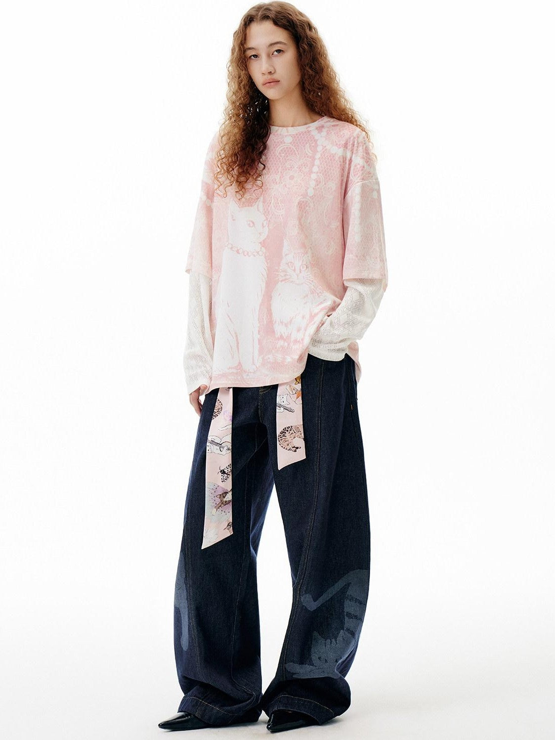 OuttheBlue Pink Pearl Cat Lace Print Faux Layered Women&