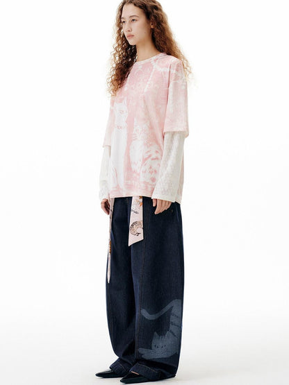 OuttheBlue Pink Pearl Cat Lace Print Faux Layered Women&