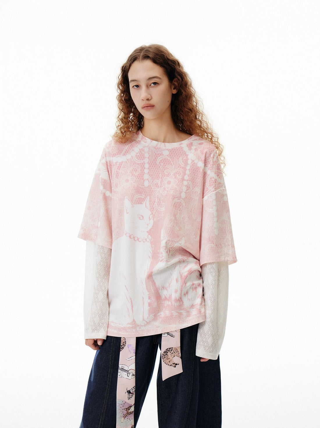 OuttheBlue Pink Pearl Cat Lace Print Faux Layered Women&