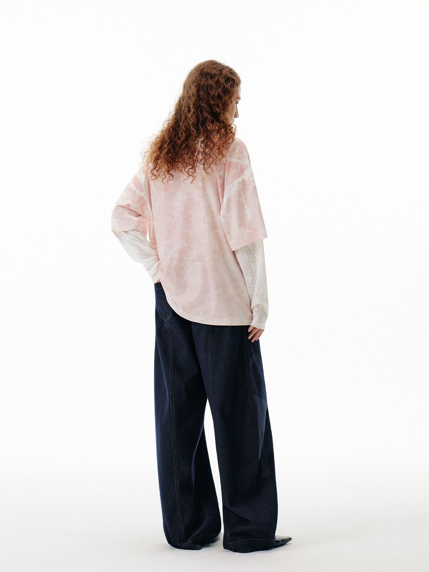 OuttheBlue Pink Pearl Cat Lace Print Faux Layered Women&