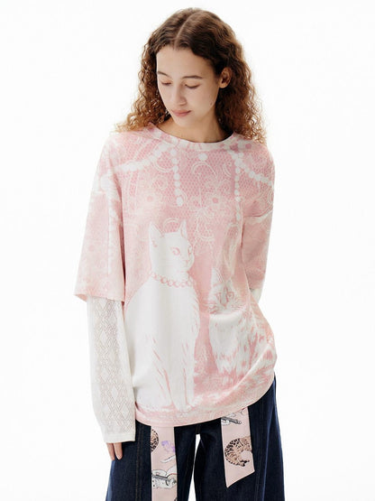 OuttheBlue Pink Pearl Cat Lace Print Faux Layered Women&