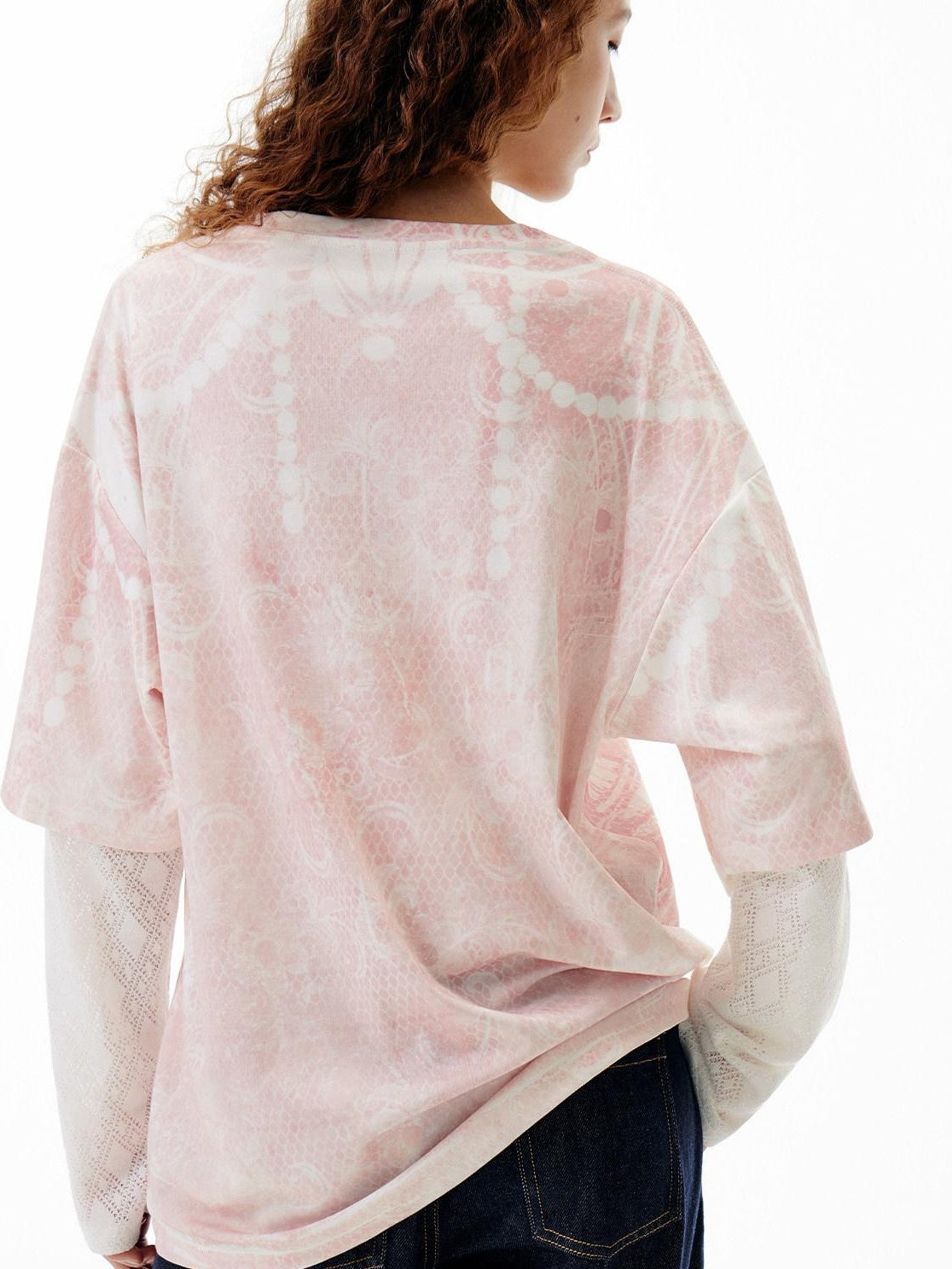 OuttheBlue Pink Pearl Cat Lace Print Faux Layered Women&