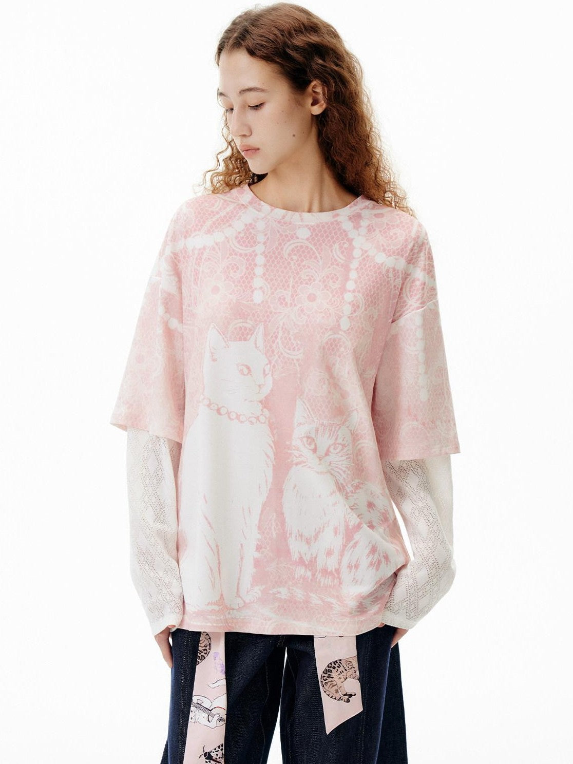 OuttheBlue Pink Pearl Cat Lace Print Faux Layered Women&