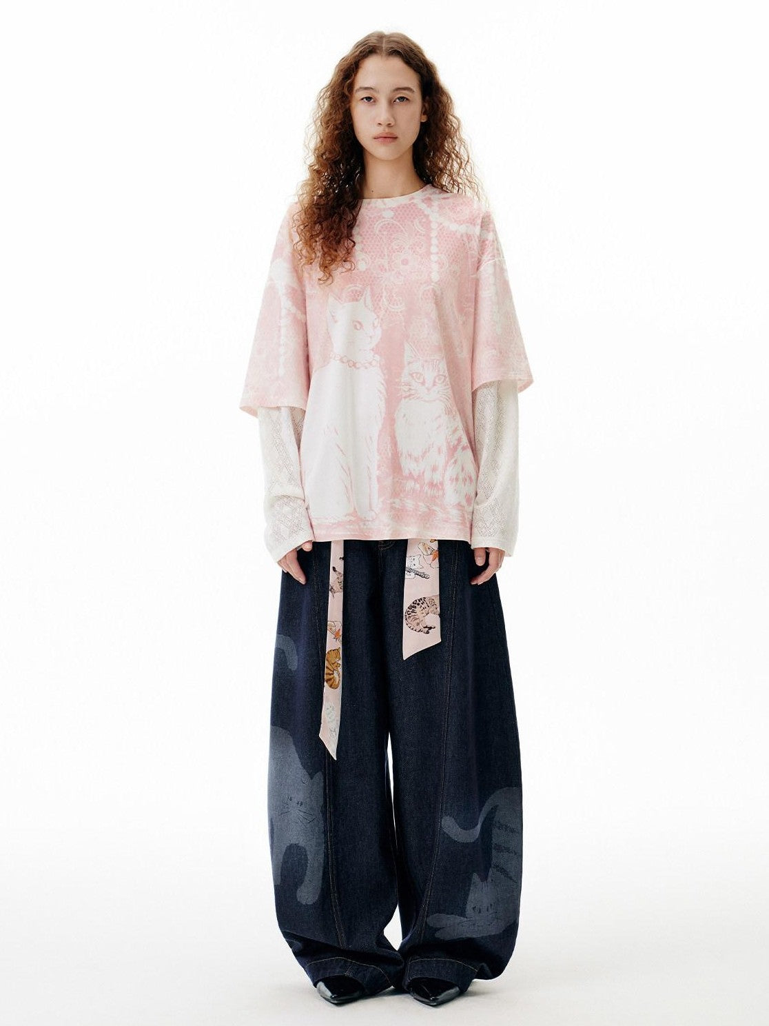OuttheBlue Pink Pearl Cat Lace Print Faux Layered Women&