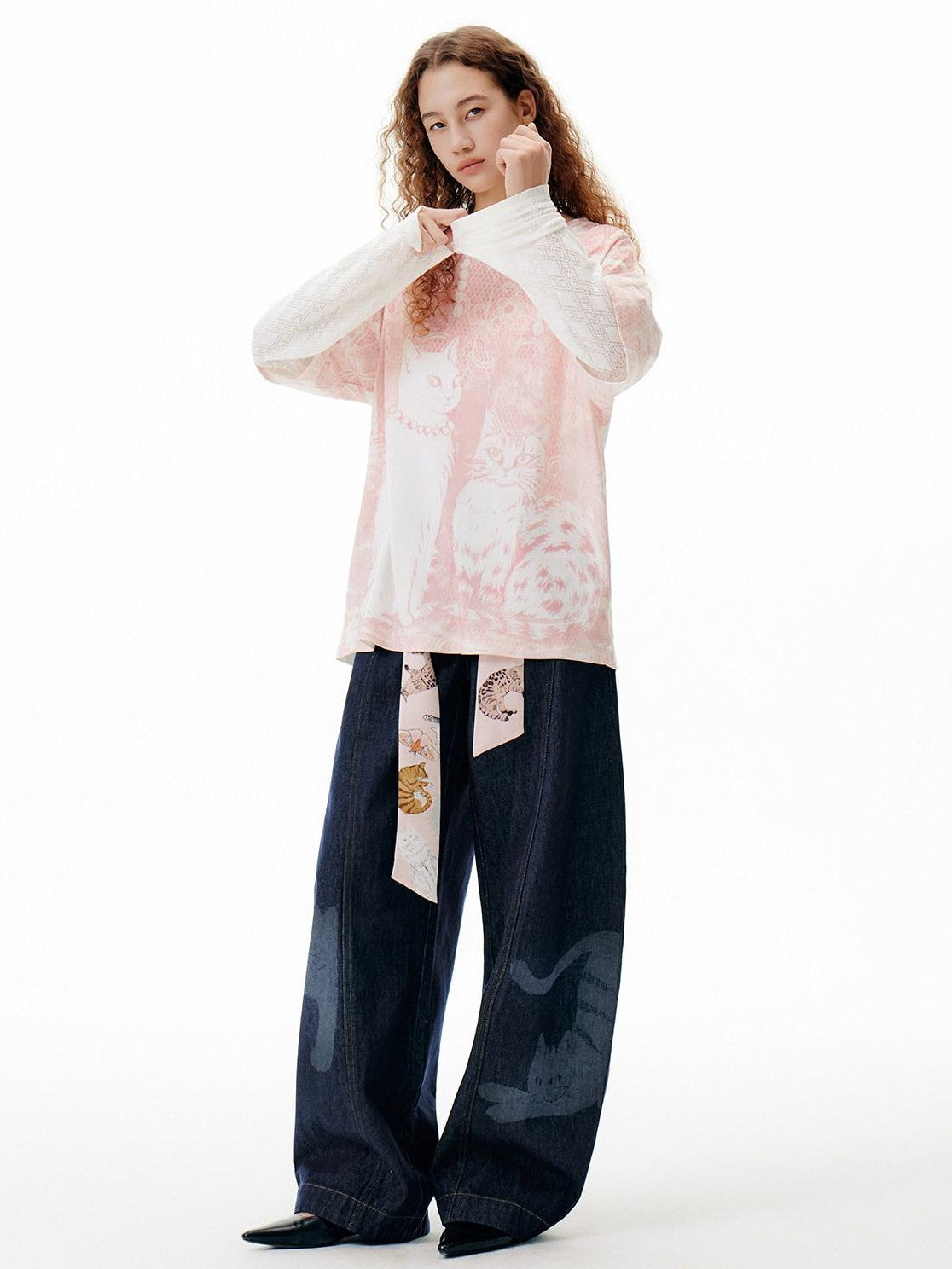 OuttheBlue Pink Pearl Cat Lace Print Faux Layered Women&