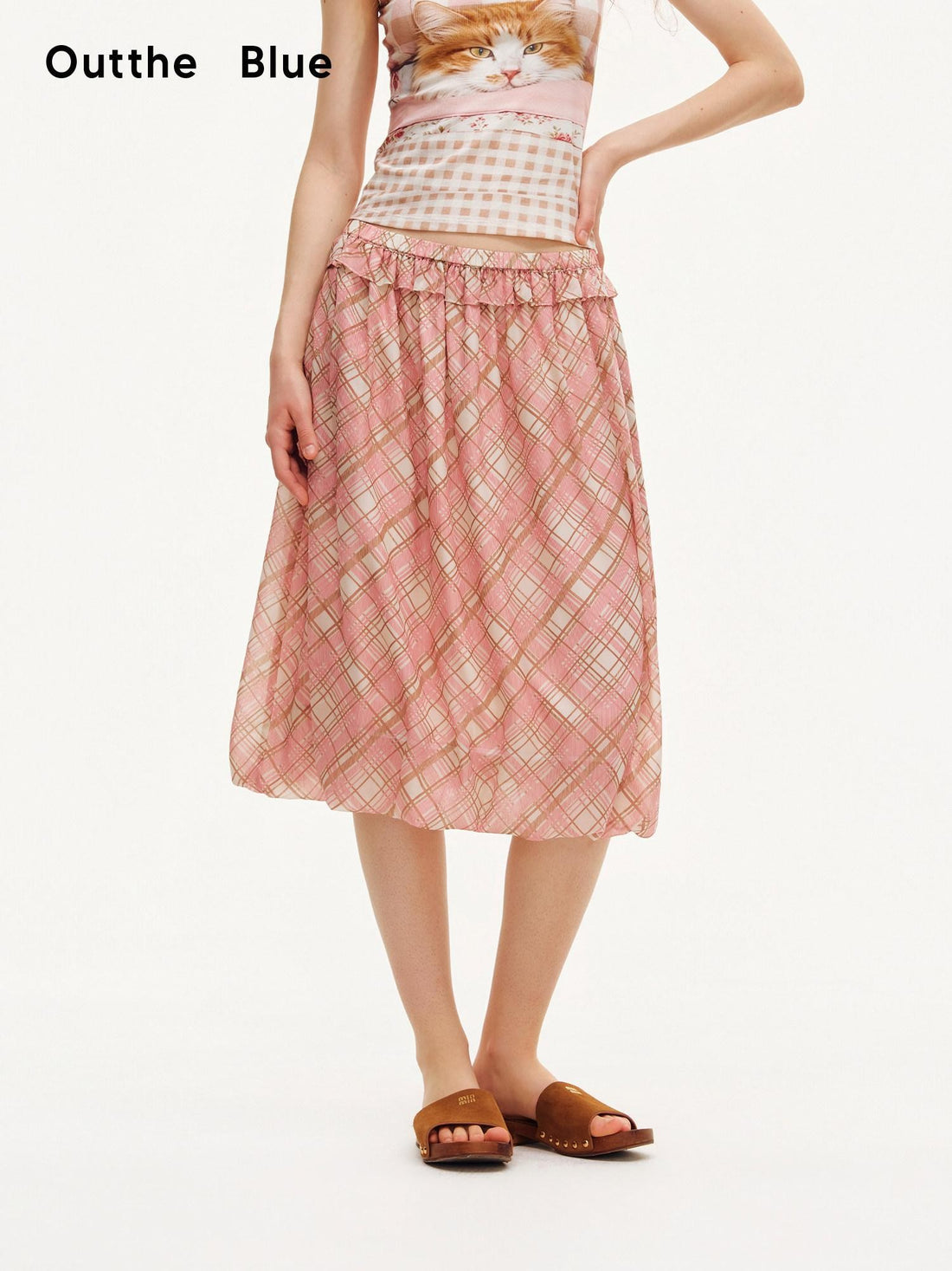 OuttheBlue Pink Plaid Print Tulip Hem Aline Elastic Waist Women&