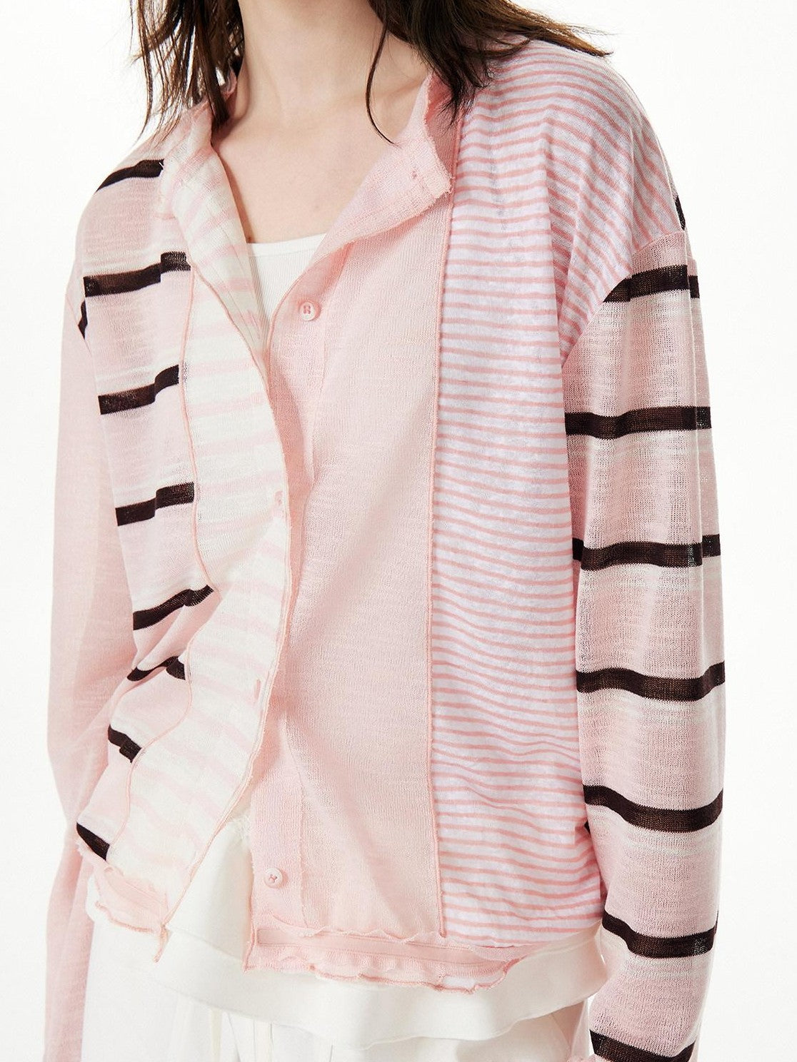 OuttheBlue Pink Striped Patchwork Drapey Single Button Women&