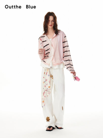 OuttheBlue Pink Striped Patchwork Drapey Single Button Women&