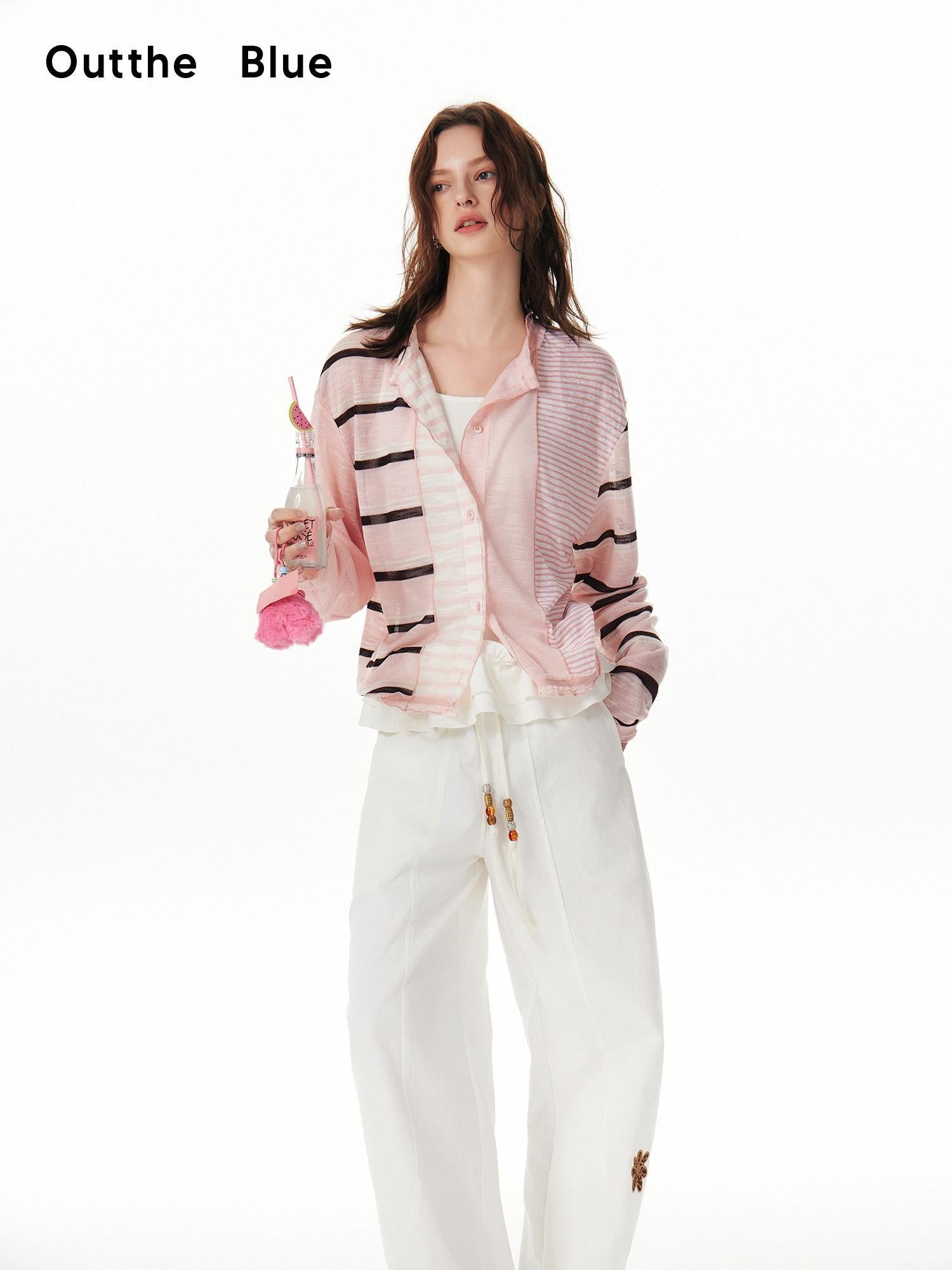OuttheBlue Pink Striped Patchwork Drapey Single Button Women&