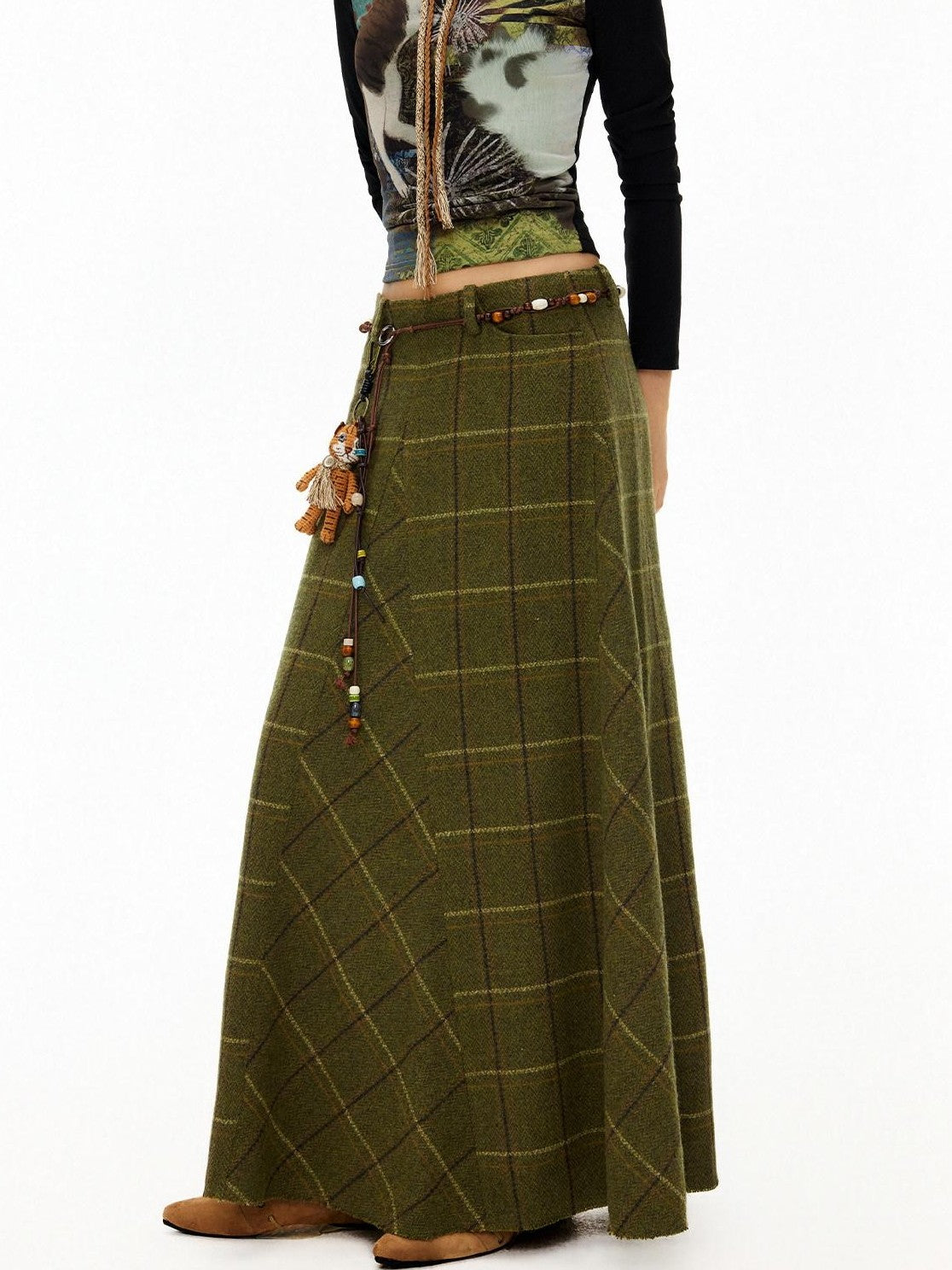 OuttheBlue Plaid Asymmetric High Waist A Line Wool Blend Women&