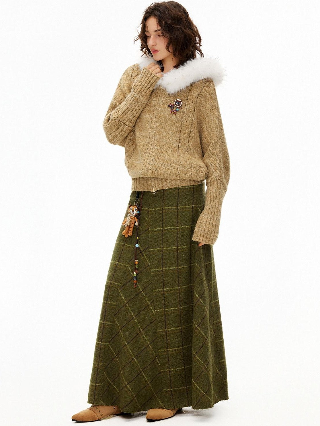 OuttheBlue Plaid Asymmetric High Waist A Line Wool Blend Women&
