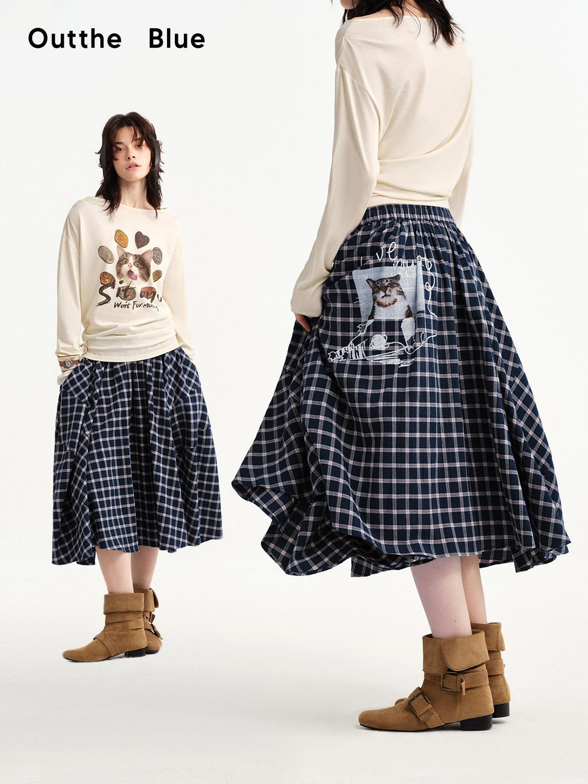 OuttheBlue Plaid Print Cat Graphic A Line Flared Cotton Women&