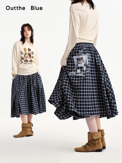 OuttheBlue Plaid Print Cat Graphic A Line Flared Cotton Women&