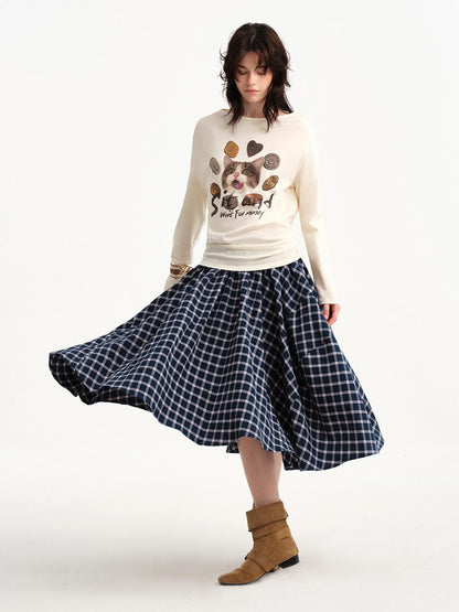 OuttheBlue Plaid Print Cat Graphic A Line Flared Cotton Women&