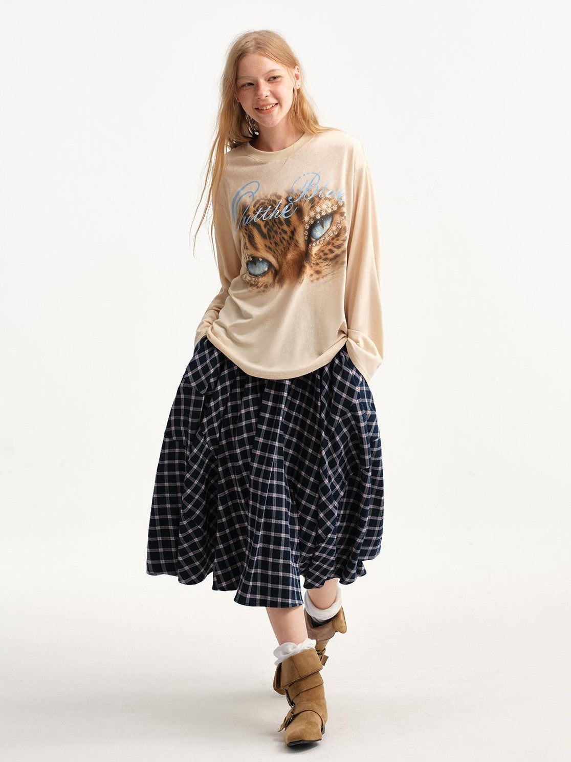 OuttheBlue Plaid Print Cat Graphic A Line Flared Cotton Women&