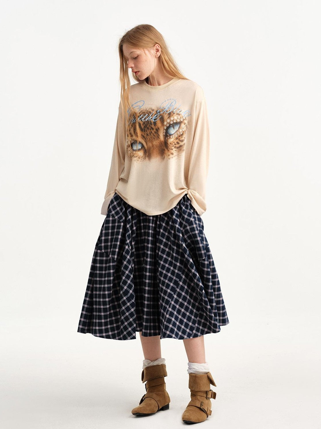 OuttheBlue Plaid Print Cat Graphic A Line Flared Cotton Women&