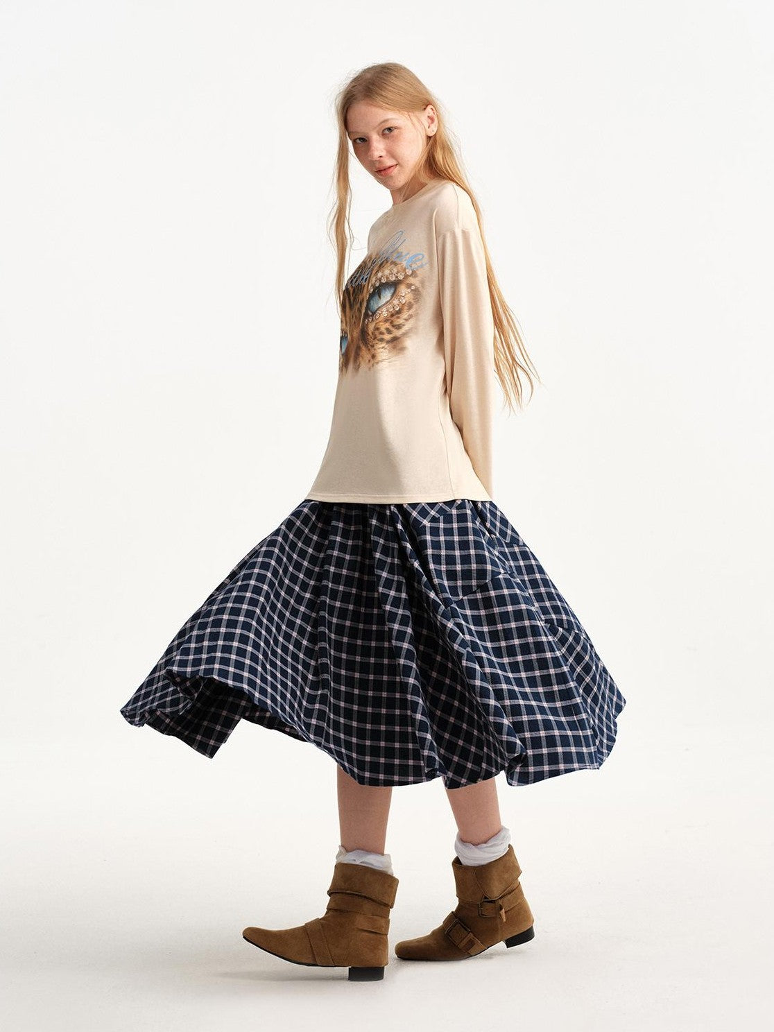 OuttheBlue Plaid Print Cat Graphic A Line Flared Cotton Women&