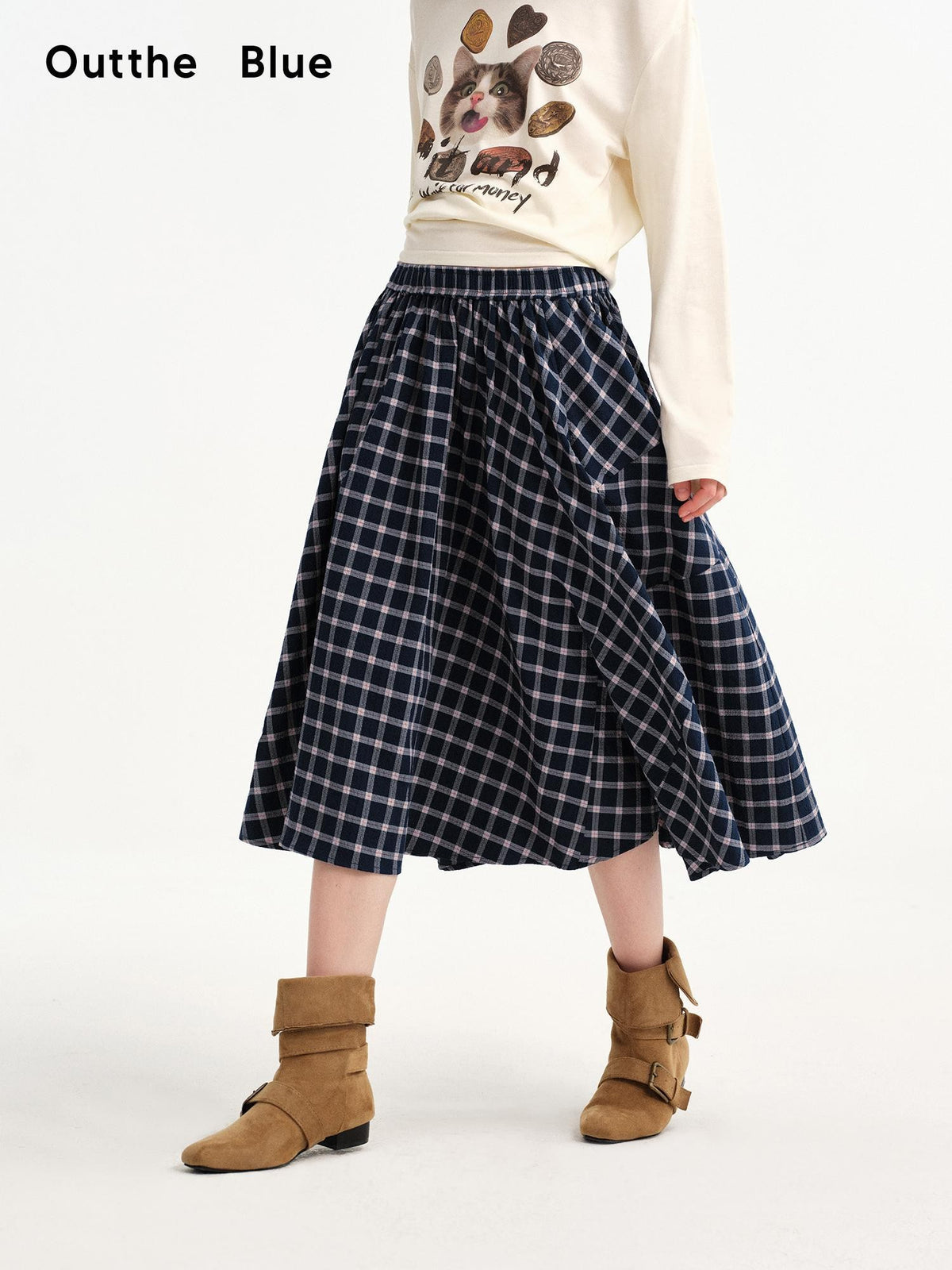 OuttheBlue Plaid Print Cat Graphic A Line Flared Cotton Women&
