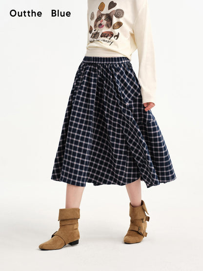 OuttheBlue Plaid Print Cat Graphic A Line Flared Cotton Women&