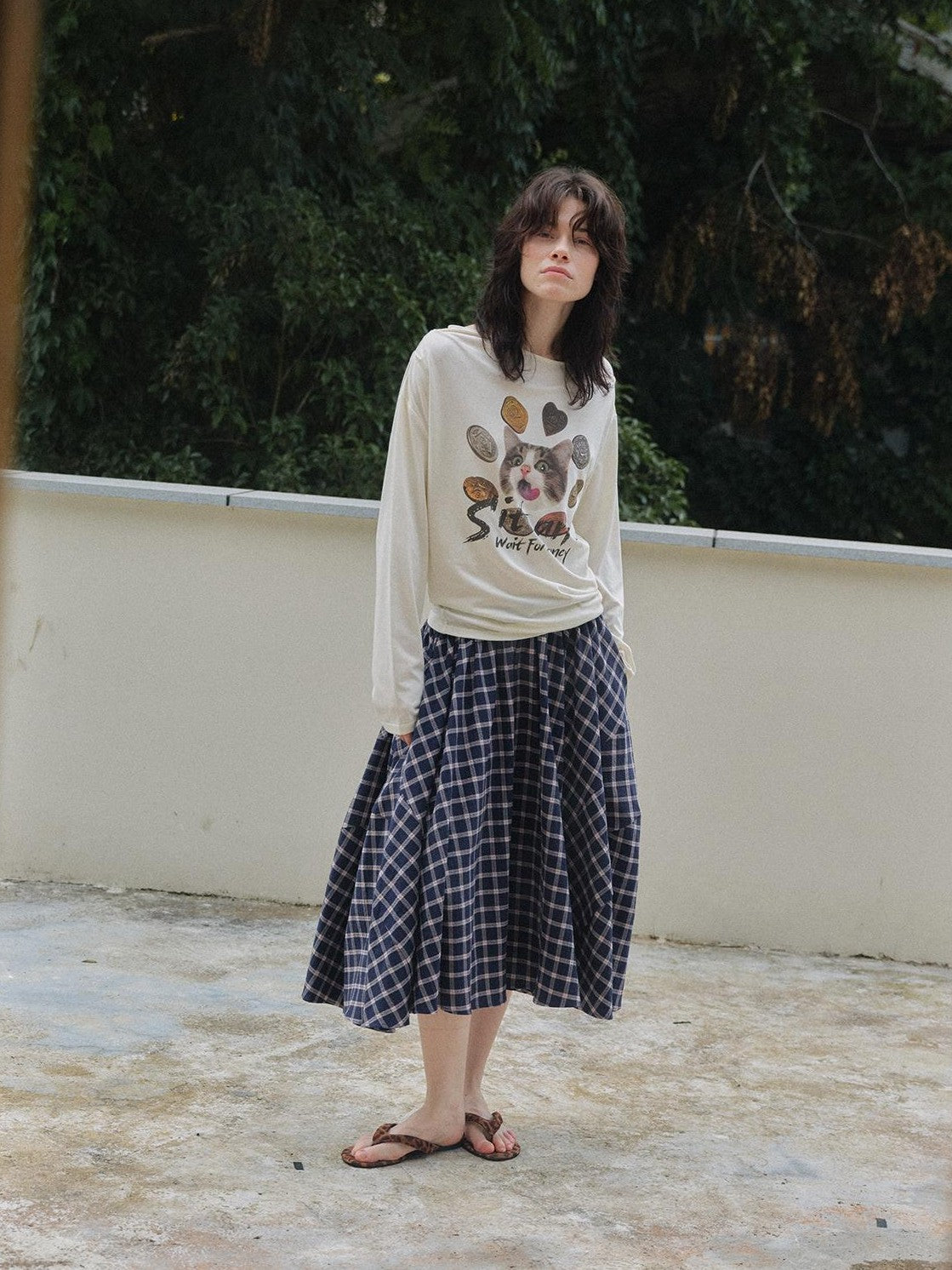 OuttheBlue Plaid Print Cat Graphic A Line Flared Cotton Women&
