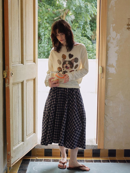 OuttheBlue Plaid Print Cat Graphic A Line Flared Cotton Women&
