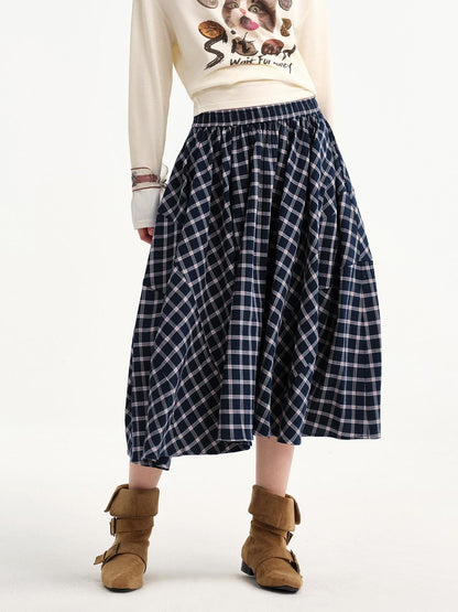 OuttheBlue Plaid Print Cat Graphic A Line Flared Cotton Women&