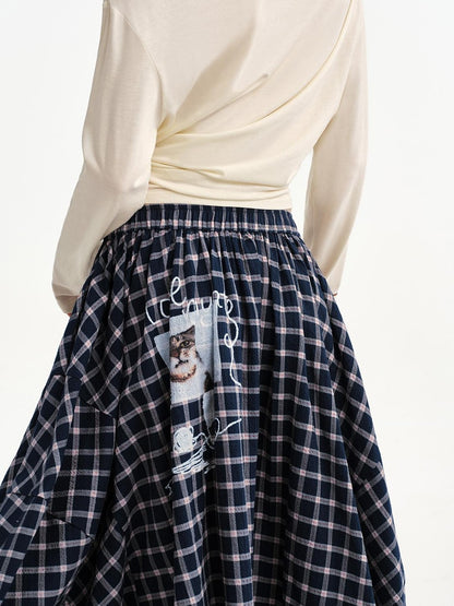 OuttheBlue Plaid Print Cat Graphic A Line Flared Cotton Women&