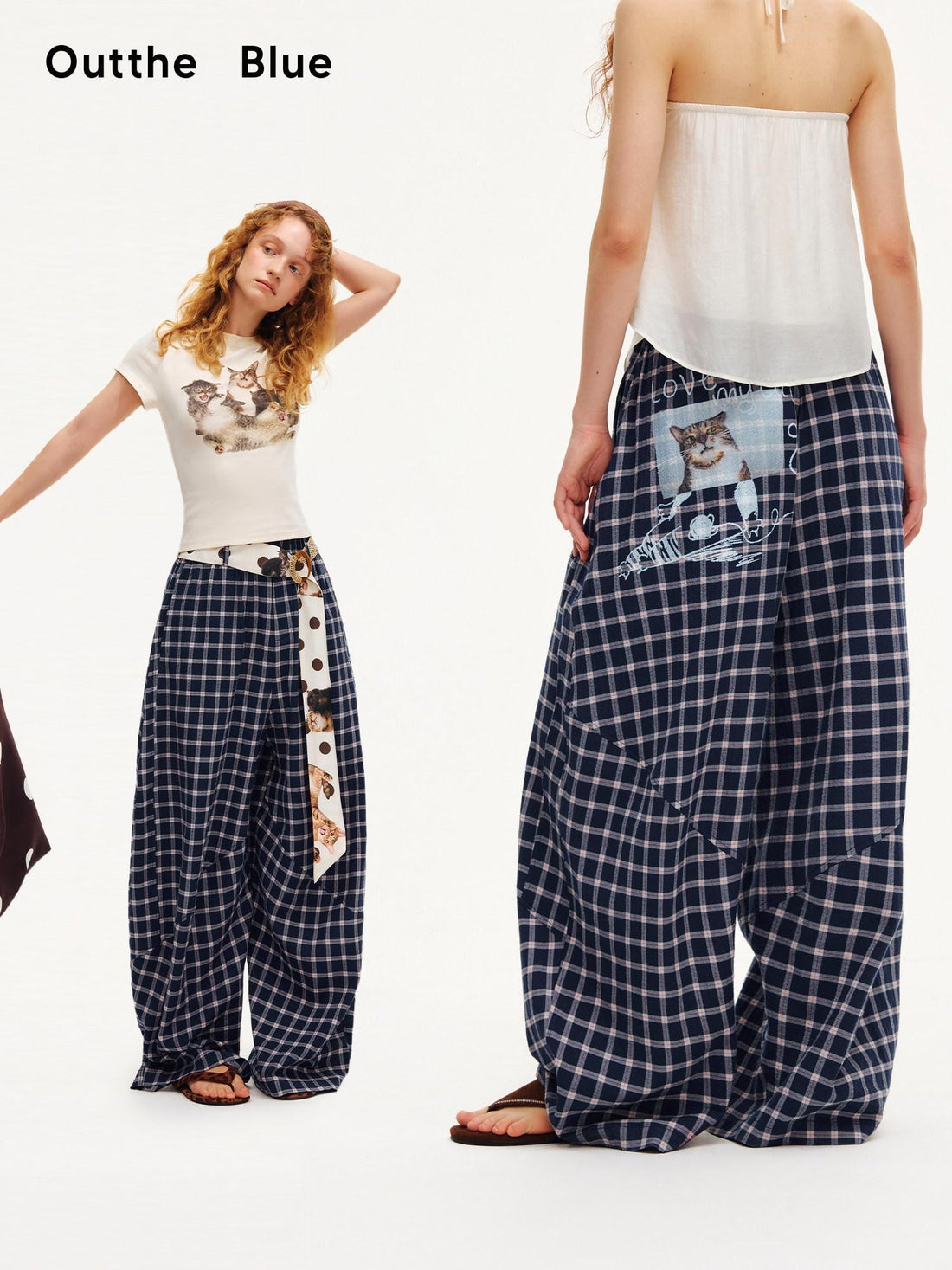 OuttheBlue Plaid Print Octagonal Button Mid Rise Women&