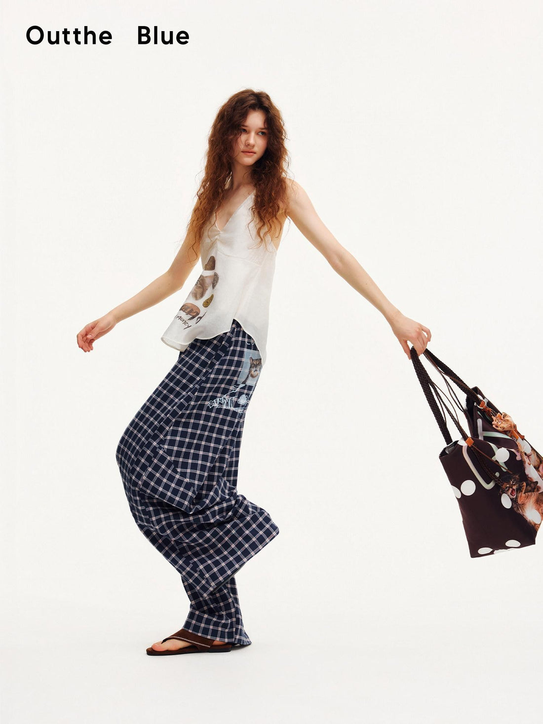 OuttheBlue Plaid Print Octagonal Button Mid Rise Women&