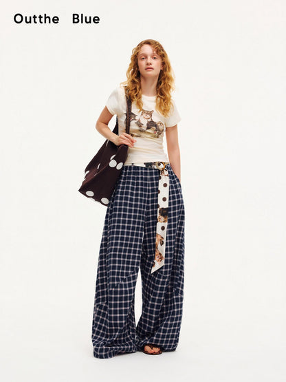 OuttheBlue Plaid Print Octagonal Button Mid Rise Women&
