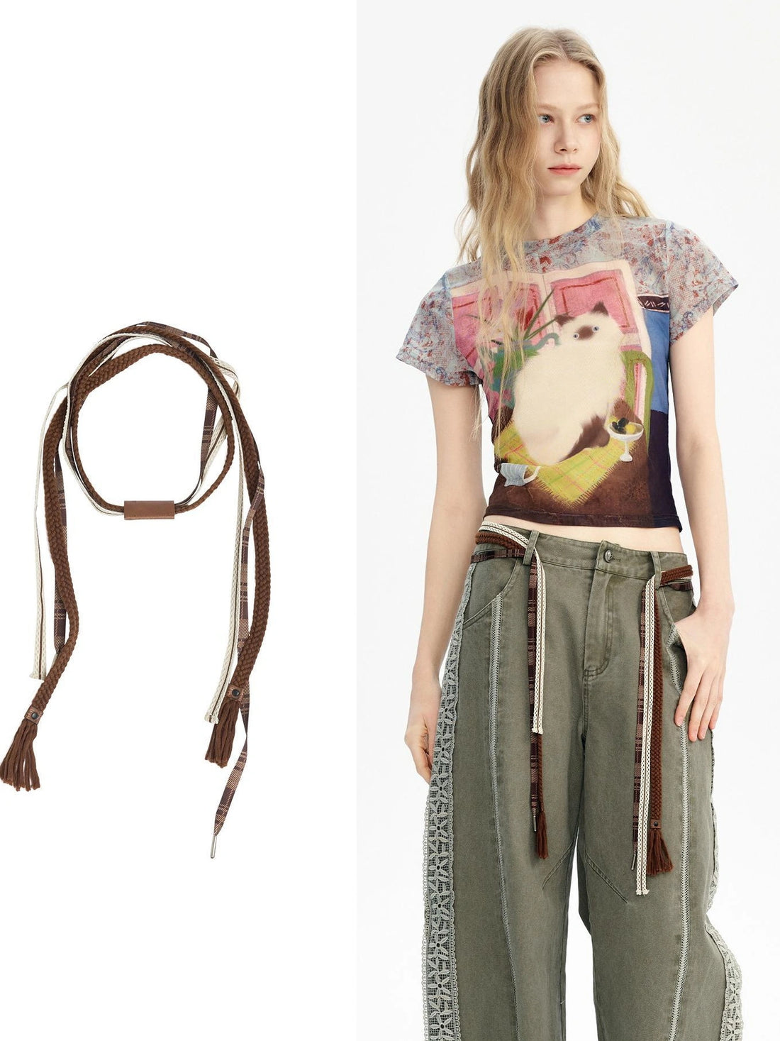 OuttheBlue Plaid Woven Cannage Corde Belt