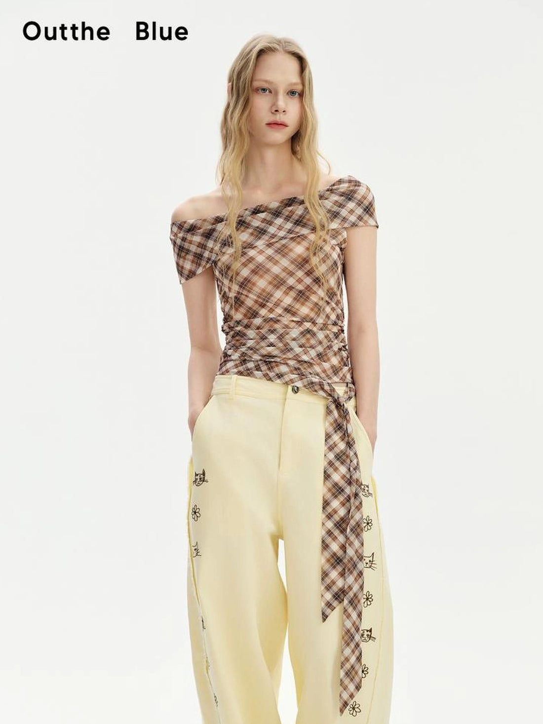 OuttheBlue Pleated Checkered Cold Shoulder Top