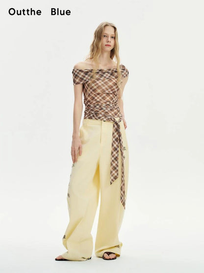 OuttheBlue Pleated Checkered Cold Shoulder Top