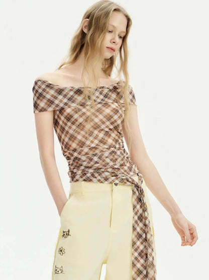 OuttheBlue Pleated Checkered Cold Shoulder Top