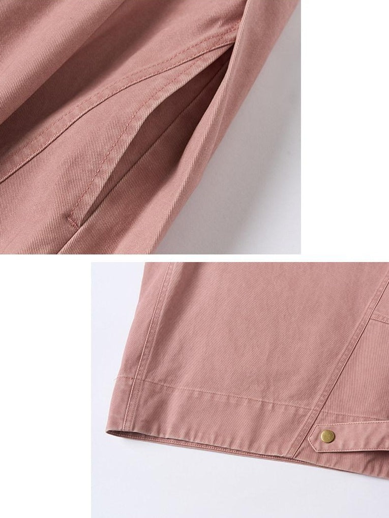 OuttheBlue Pleated Cotton Casual Natural Waist Women Button Fly Dusty Rose Straight Pants