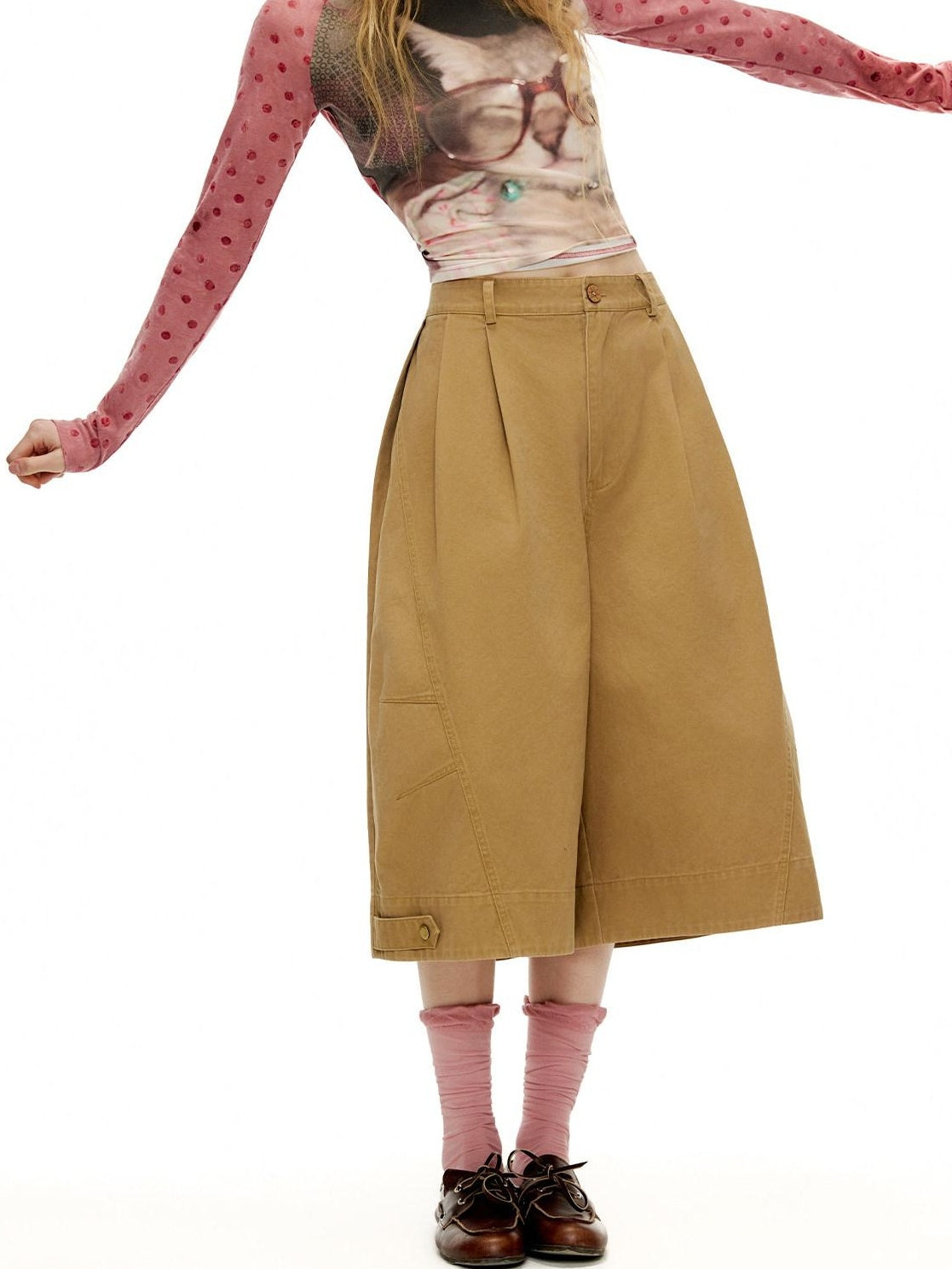 OuttheBlue Pleated Cotton Casual Natural Waist Women Button Fly Dusty Rose Straight Pants