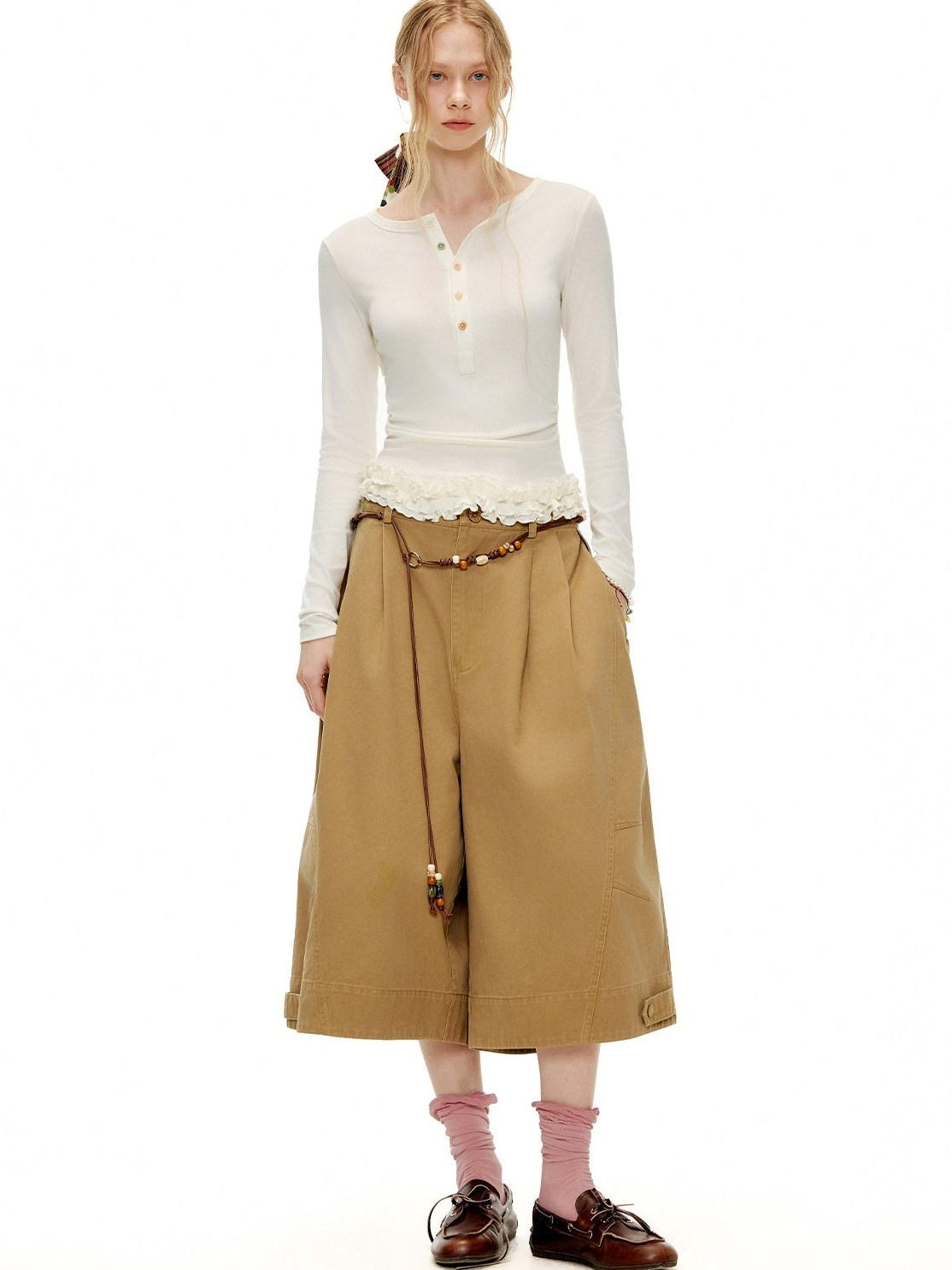 OuttheBlue Pleated Cotton Casual Natural Waist Women Button Fly Dusty Rose Straight Pants