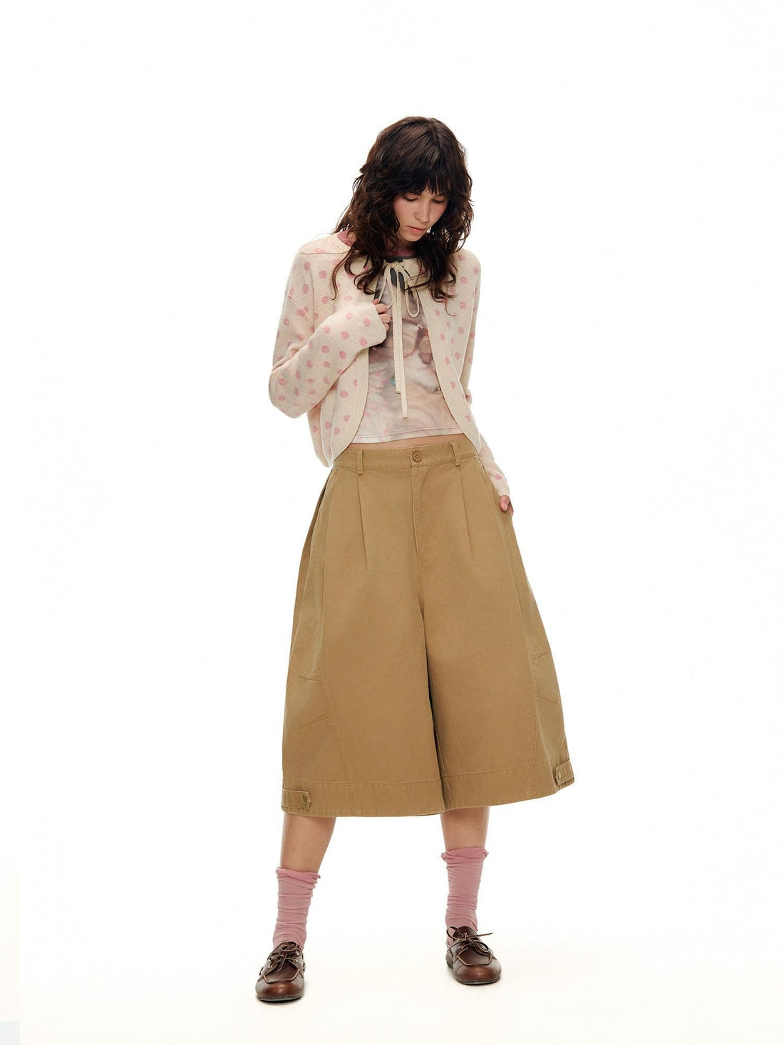 OuttheBlue Pleated Cotton Casual Natural Waist Women Button Fly Dusty Rose Straight Pants