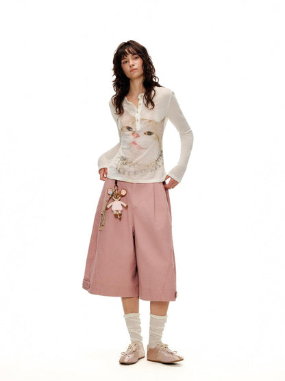 OuttheBlue Pleated Cotton Casual Natural Waist Women Button Fly Dusty Rose Straight Pants