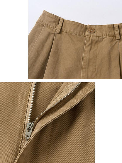 OuttheBlue Pleated Cotton Casual Natural Waist Women Button Fly Dusty Rose Straight Pants