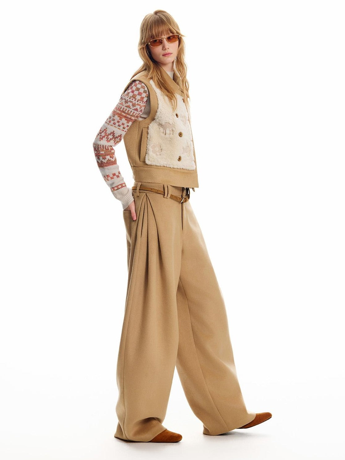 OuttheBlue Pleated Wool Blend Relaxed Curved Leg Women&