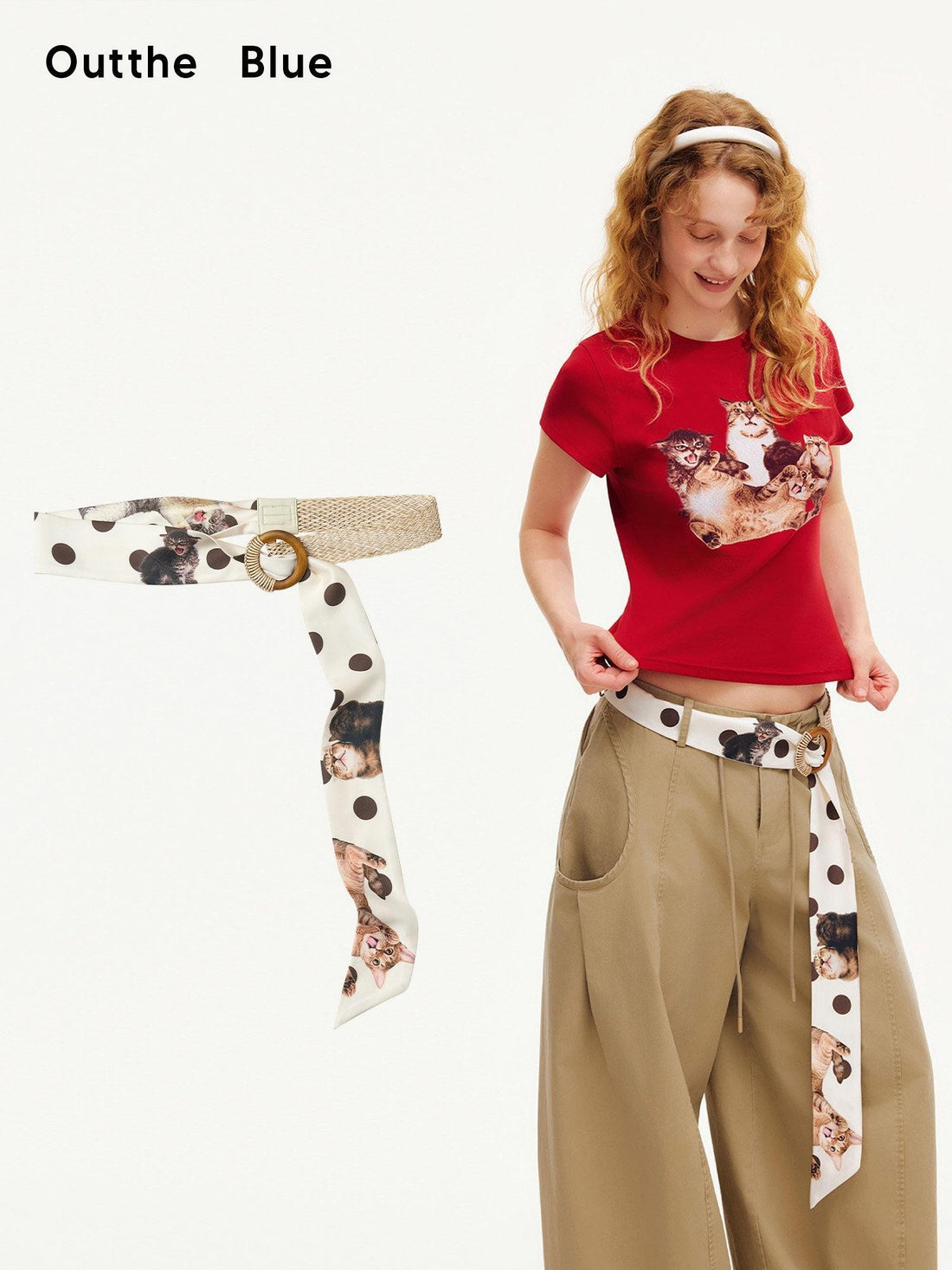 OuttheBlue Polka Dot Cat Print Woven Patchwork Satin Women&