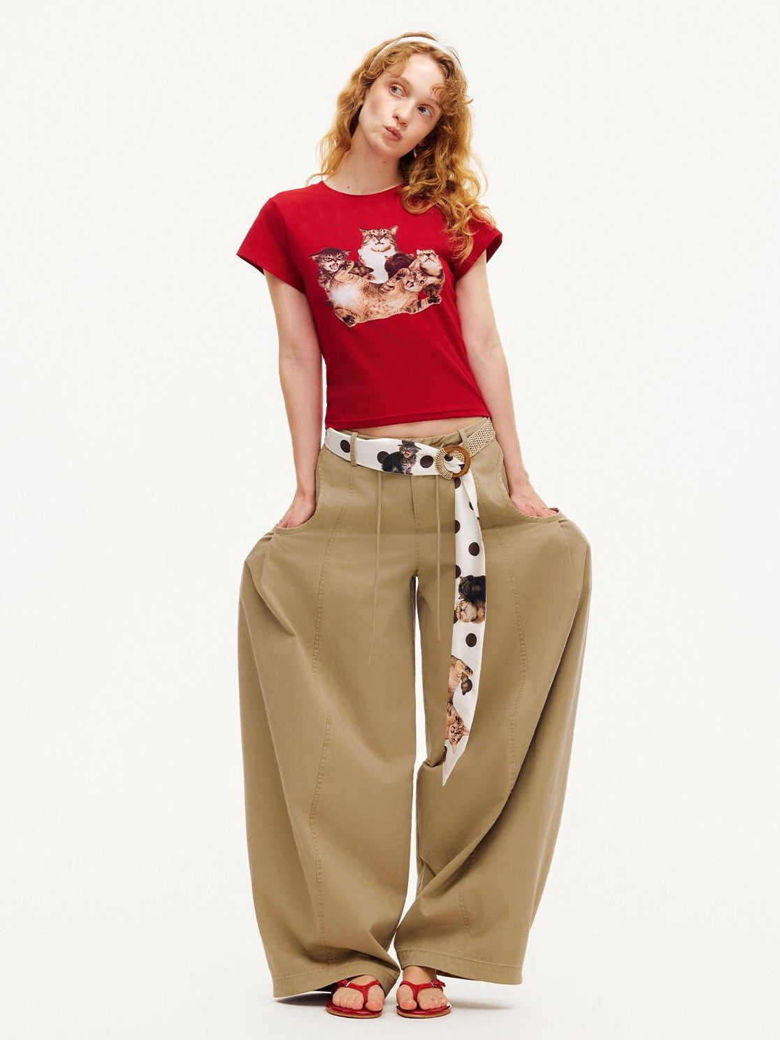 OuttheBlue Polka Dot Cat Print Woven Patchwork Satin Women&