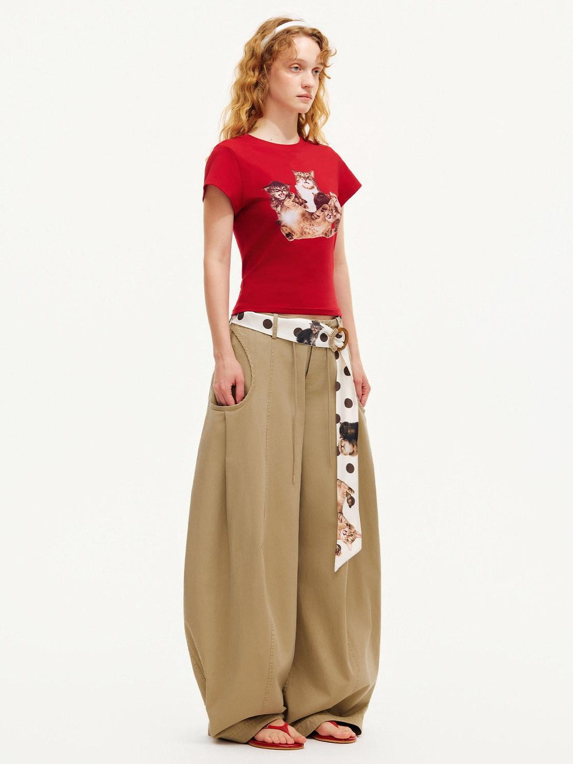 OuttheBlue Polka Dot Cat Print Woven Patchwork Satin Women&